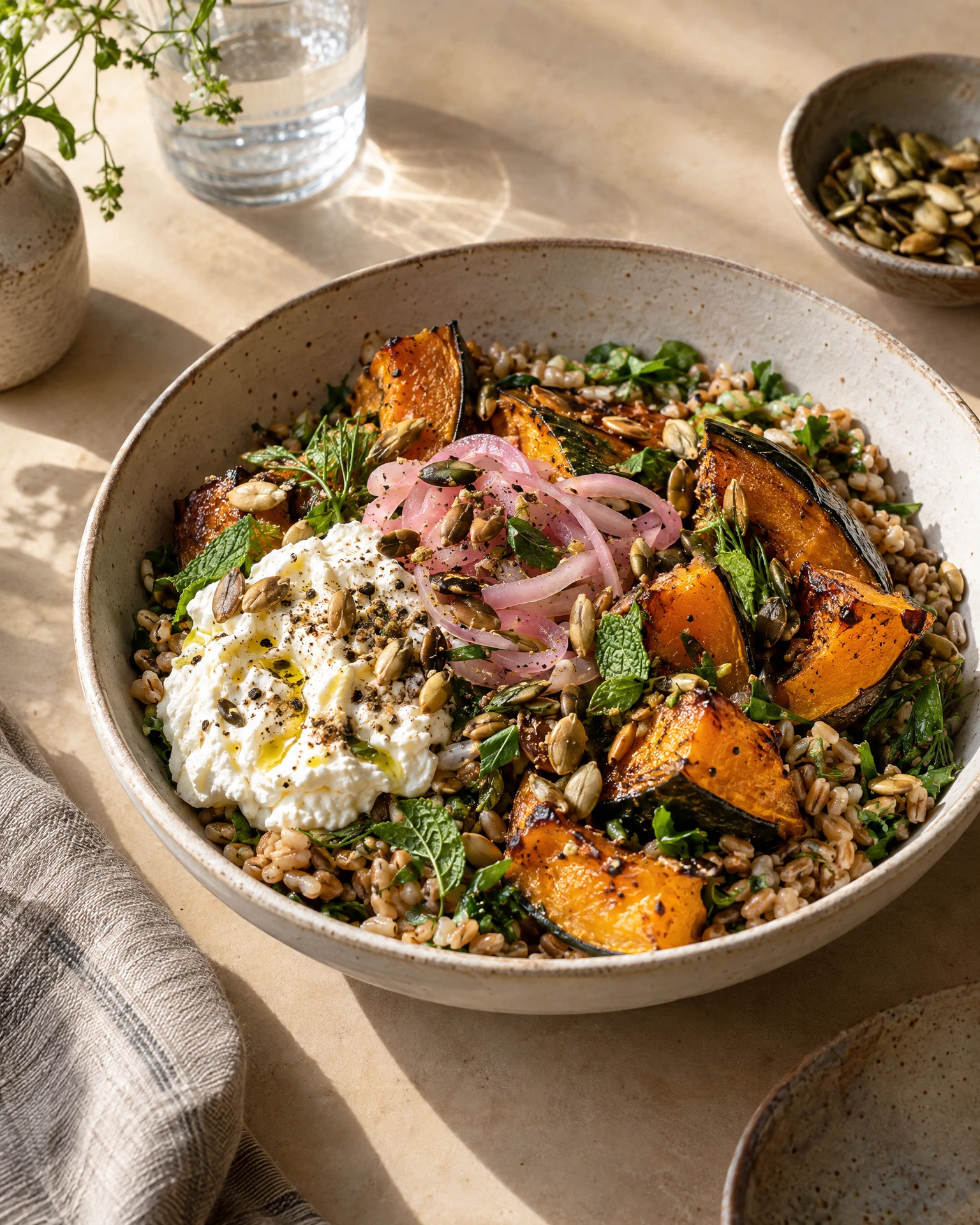 Roasted squash bowl with grains and whipped feta