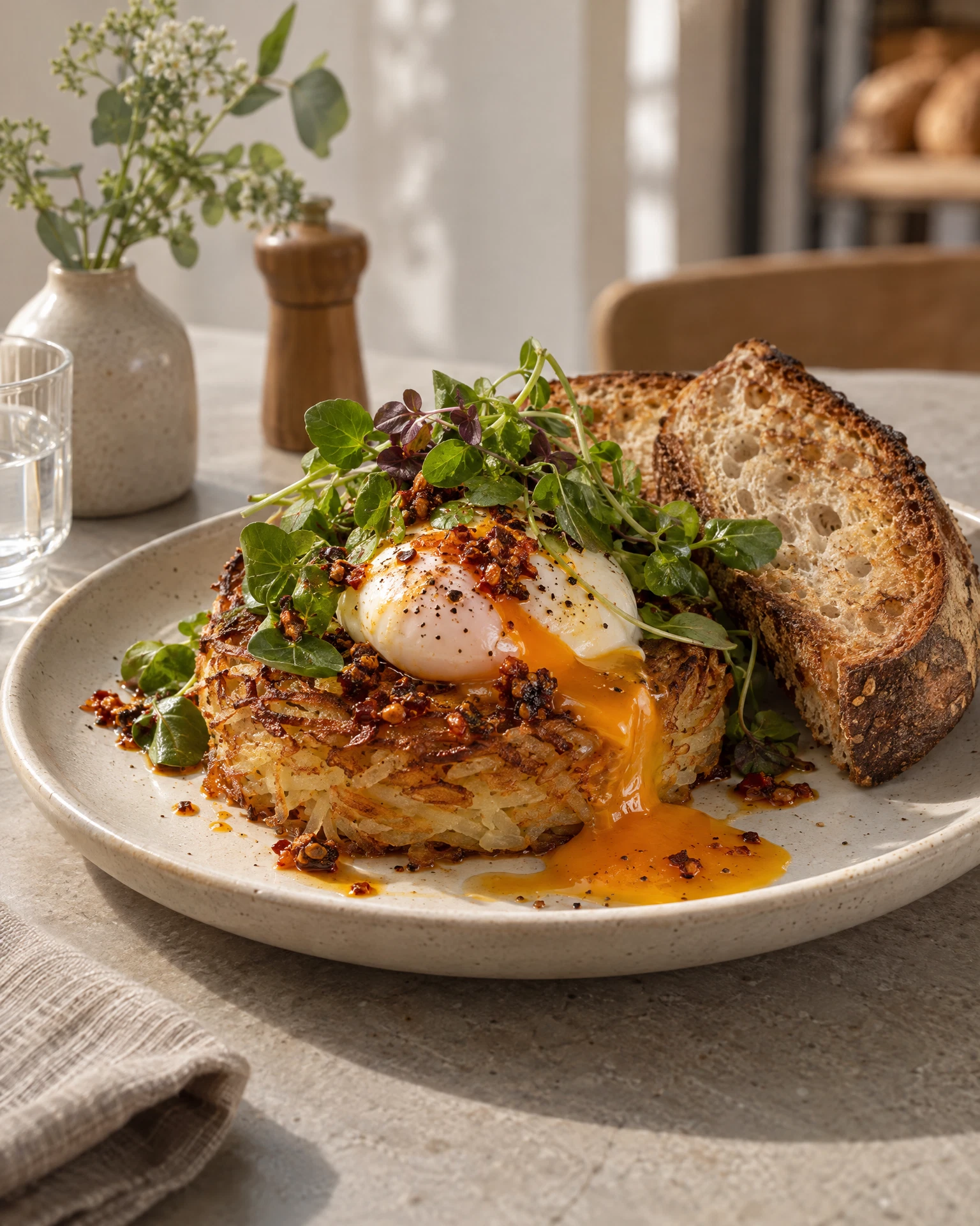 Potato rösti stack with egg, greens, and toast