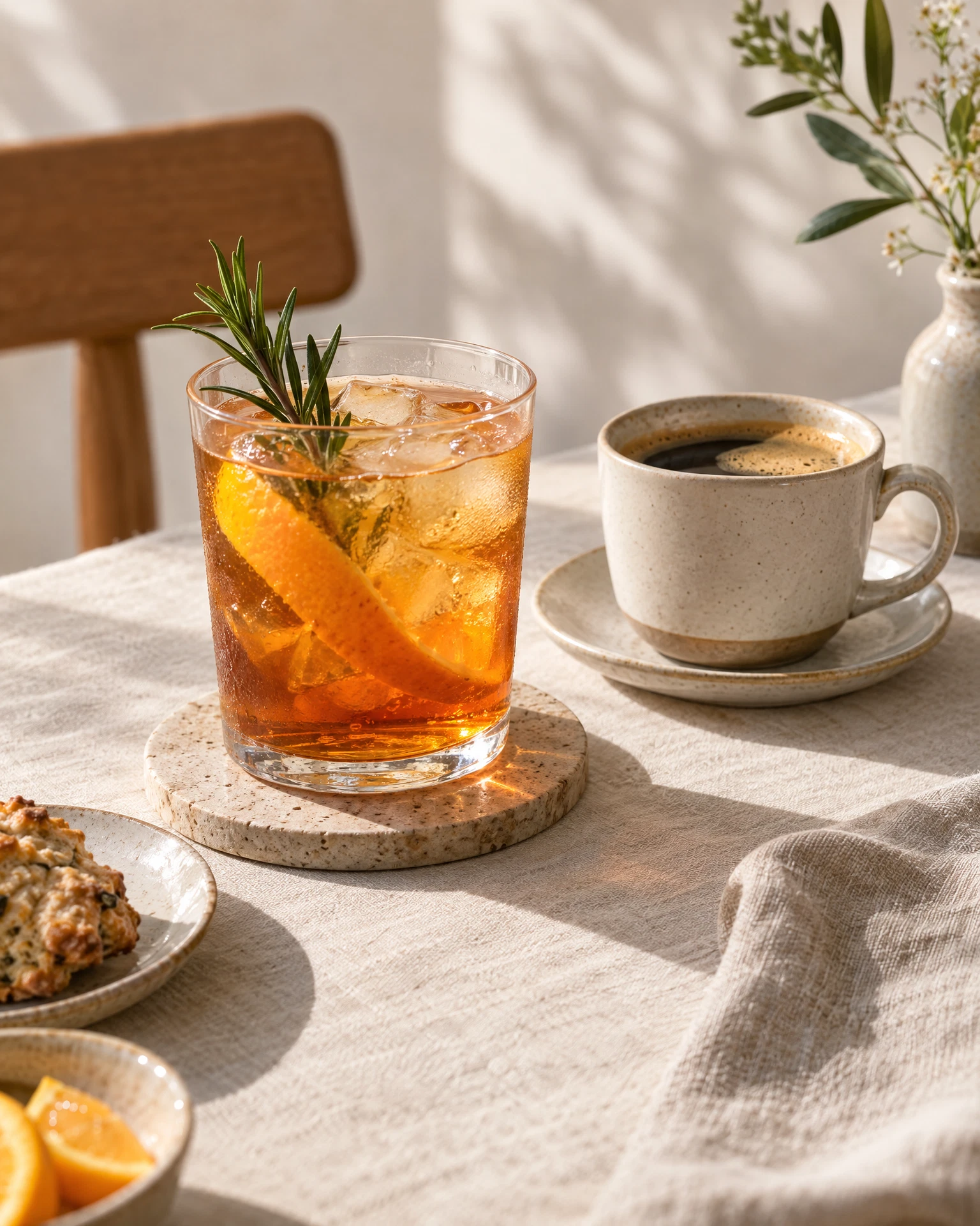 Iced citrus tea and coffee on a linen table