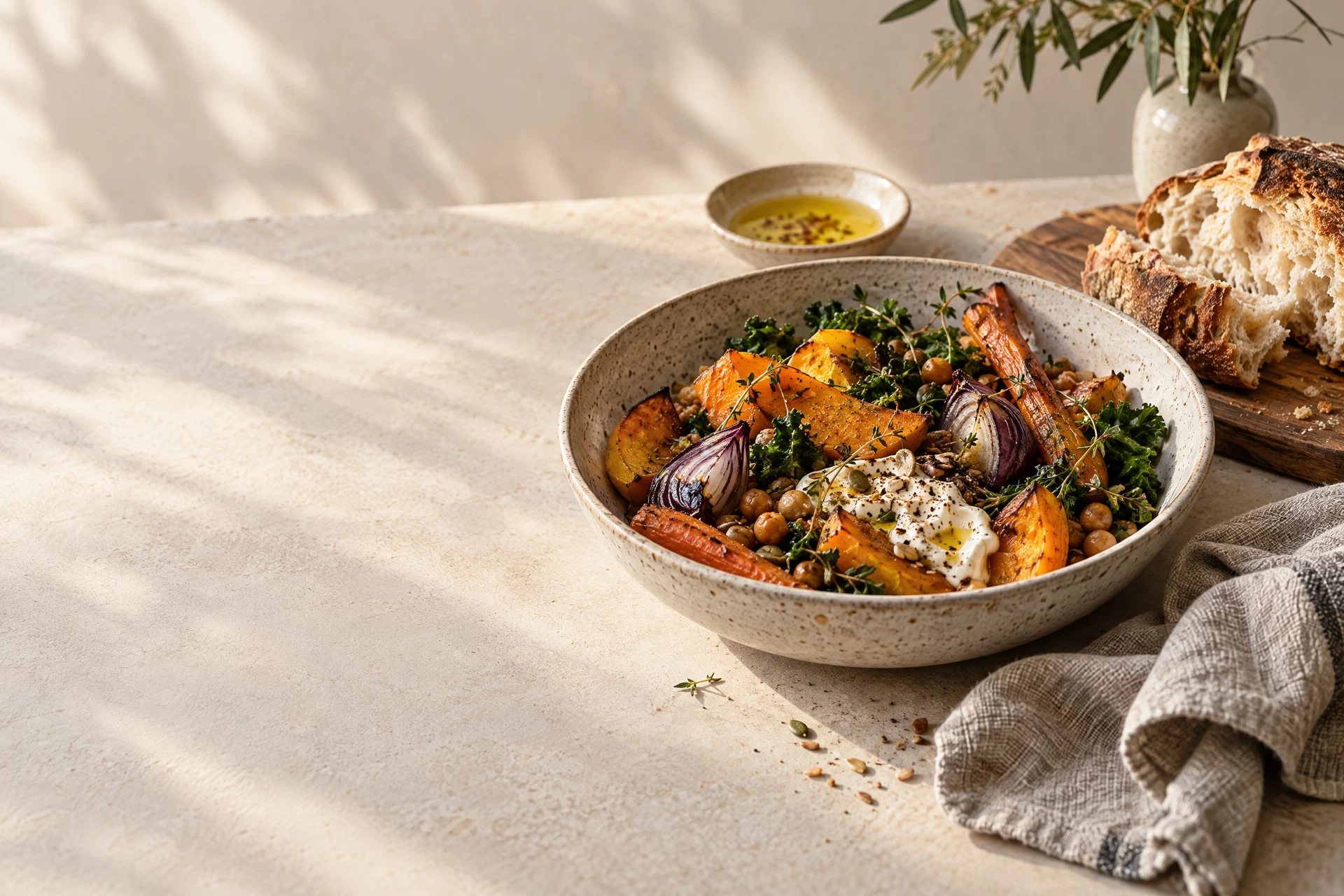 A warm bowl of roasted vegetables with sourdough on an oat-colored table